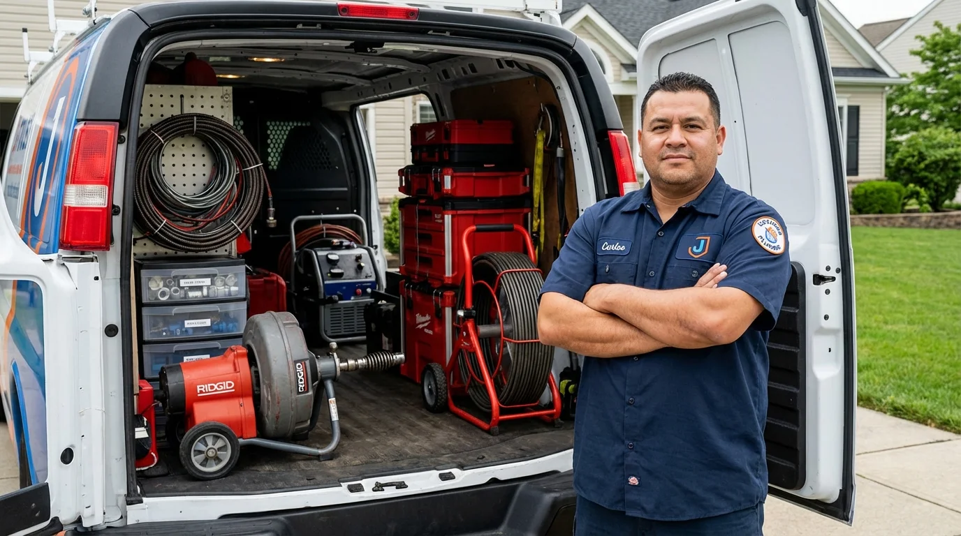 Professional drain cleaning equipment and Johns Plumbing LLC plumber in Fresh Meadows