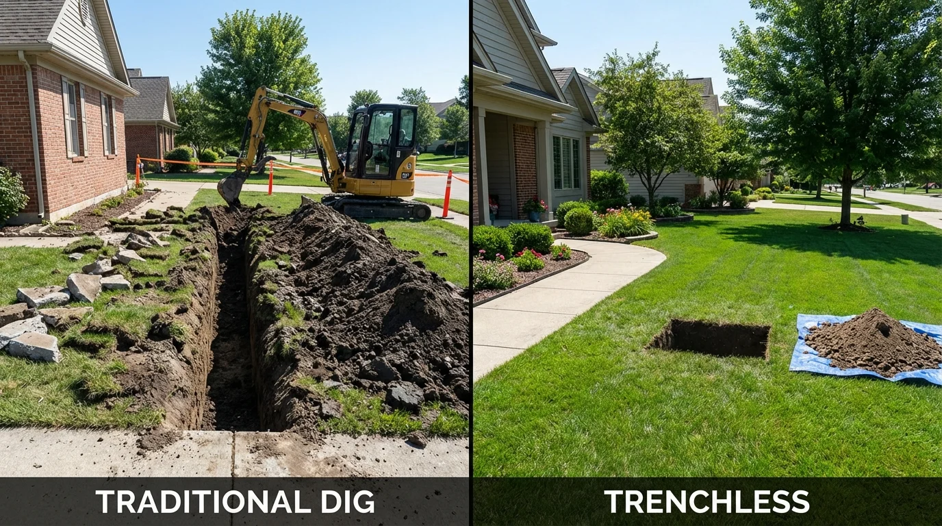 Trenchless sewer repair with minimal yard damage versus traditional excavation in Fresh Meadows, NY
