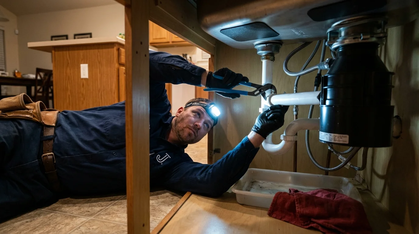 P-trap and supply line connections under a kitchen sink showing a common leak point in Fresh Meadows, NY